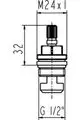 Keramisches Ventil von Ideal Standard, mit einem Gewinde von G 1/2 Zoll, linker Schlussrichtung, abgebildet in technischer Zeichnung.